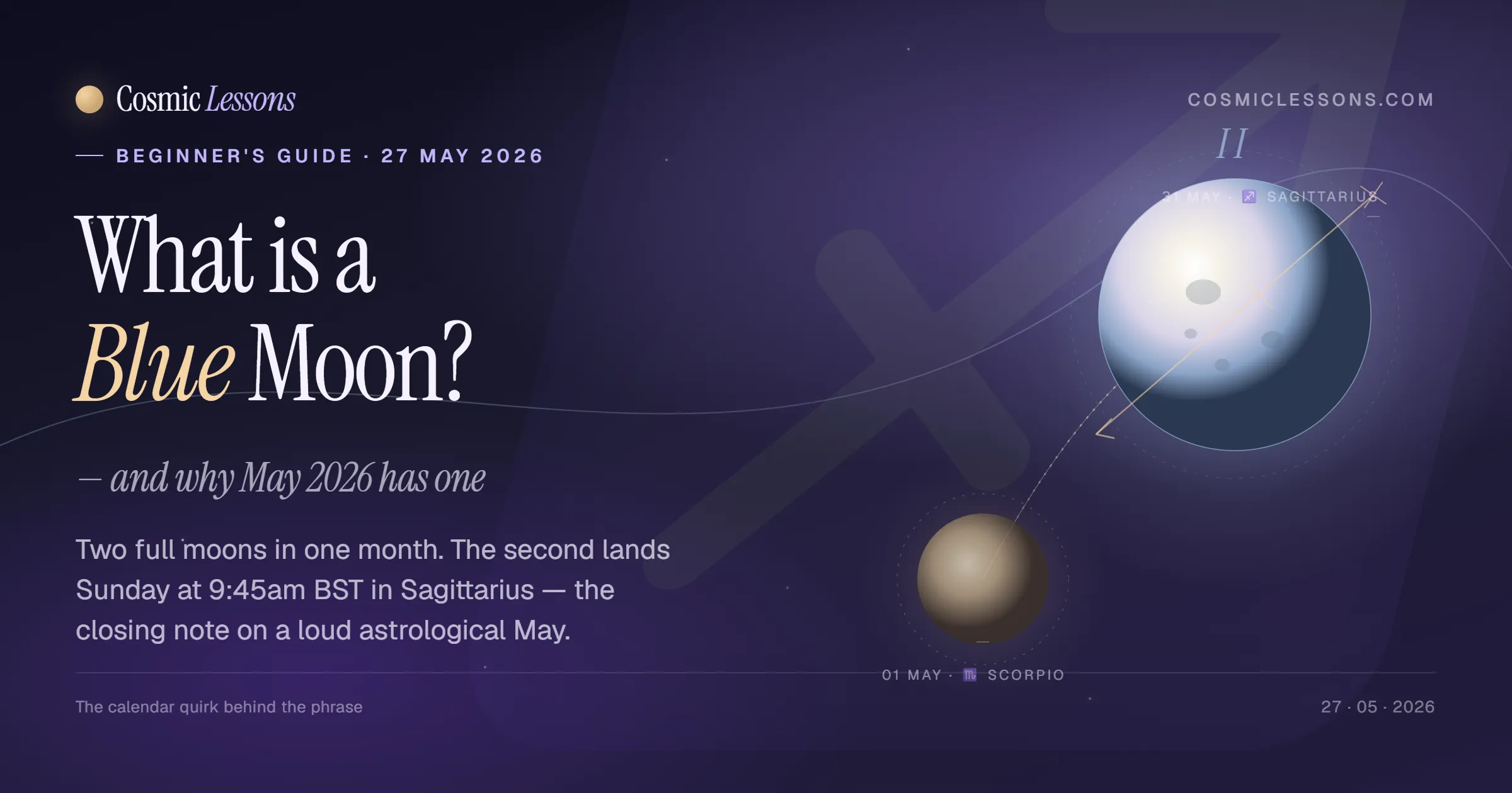 Blue Moon in Sagittarius on 31 May 2026 — the second full moon of the month and a rare moment of closure